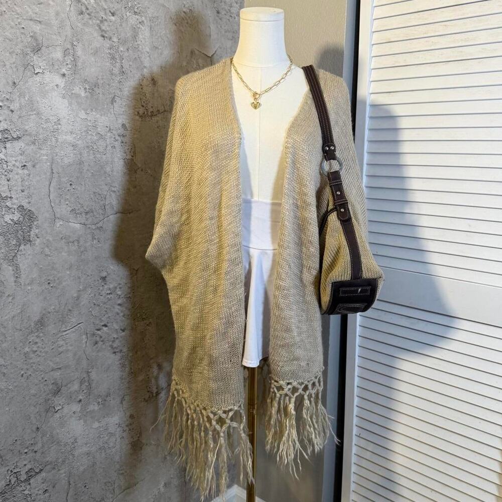 Beige Boho Open Front Cardigan with Fringe Detail